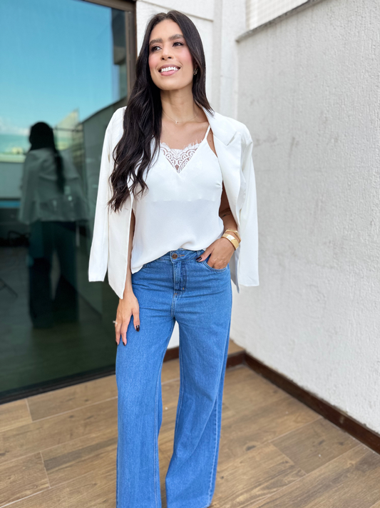 Blusa Sandy de Cetim Com Renda